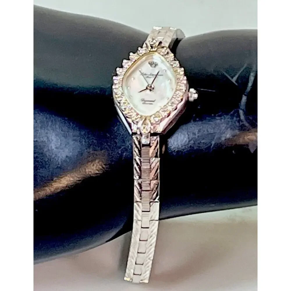 Vintage Jules Jurgensen Silver Tone Quartz Watch Diamond Bezel Women's Bracelet